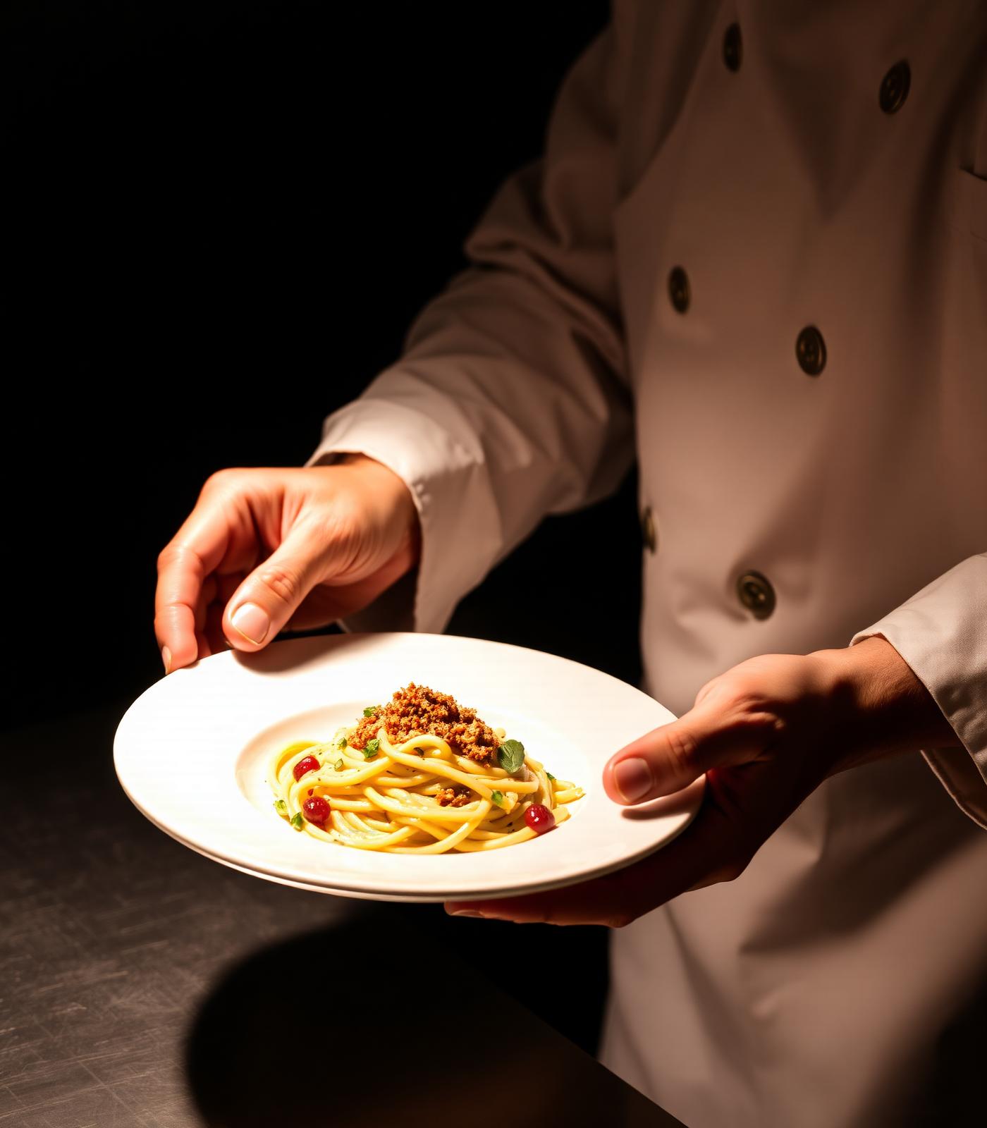 Chef Valentino impiatta una specialità di pasta